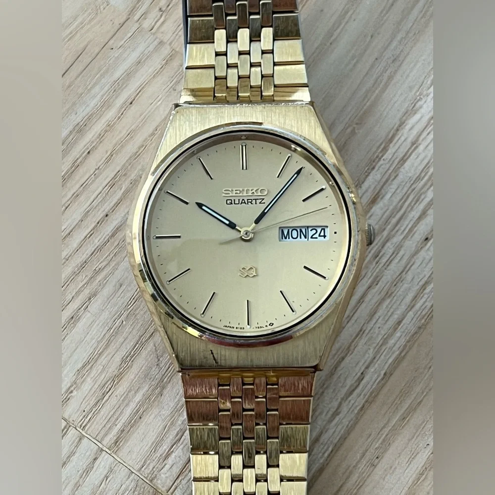 Seiko SQ Vintage Men’s Watch Gold Bracelet, Dial, Case, Day Date New Crystal